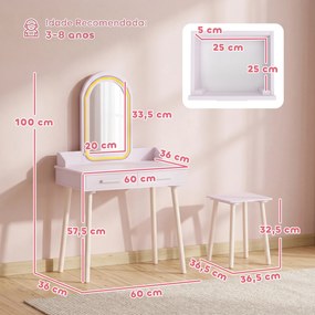 Toucador Infantil para Menina com Espelho LED de 3 Cores, Banco e 2 Gavetas, 3-8 Anos, Rosa