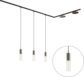 Sistema de calhas de iluminação moderno preto com 3 candeeiros suspensos e 2 candeeiros de teto bronze monofásico - Iconic Lloyd Pulley