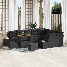 Conjunto de Sofá de Jardim de 12 peças com Almofadas Preto Vime Poliés