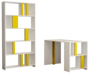 Secretária e Estante Lima – Branco e Amarelo – Secretária: 120x75,4x60