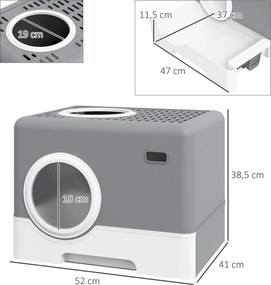 Caixa de Areia para Gatos com Pá Bandeja Removível 2 Portas Entrada Frontal e Saída Superior 52x41x38,5 cm Cinzento