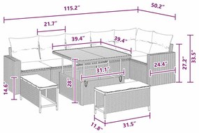 Sofá de Jardim com 9 Peças e Almofadas Pretas em Rattan Sintético e Ac