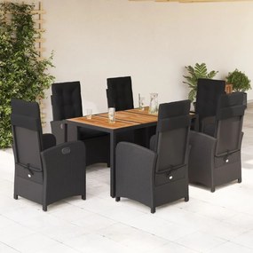 7 pcs conjunto de jantar p/ jardim c/ almofadões vime PE preto