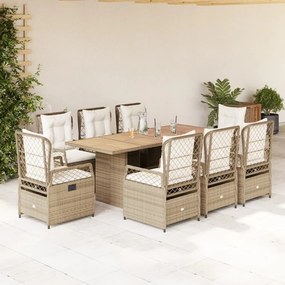 vidaXL 9 pcs conjunto de jantar p/ jardim com almofadões vime PE bege