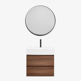 Conjunto De Móvel De Casa De Banho Em Madeira E Chapa De Freixo Com Lavatório Integrado Ona Madeira Escura & Redondo Led - Sklum