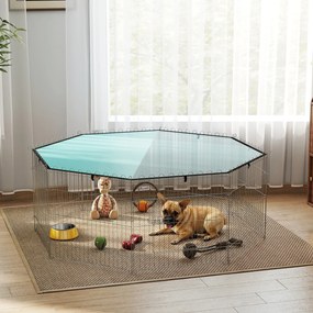 Parque para cães com 60 cm de altura, com 8 painéis e cobertura, modular e dobrável, recinto portátil e porta verde e prateada