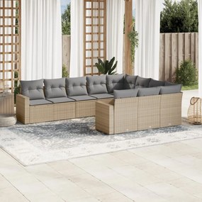 10 pcs conjunto de sofás p/ jardim com almofadões vime PE bege
