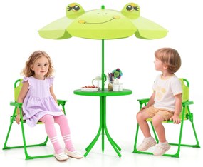 Conjunto de piquenique para Crianças 3-6 anos Mesa de atividades ao ar livre com 2 cadeiras dobráveis e guarda-sol ajustável em altura Verde claro