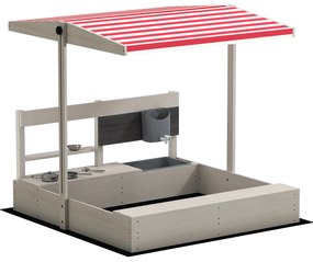 Outsunny Caixa de Areia de Madeira para Crianças com Teto Ajustável Acessórios de Cozinha e Banco 114x110x110 cm Madeira