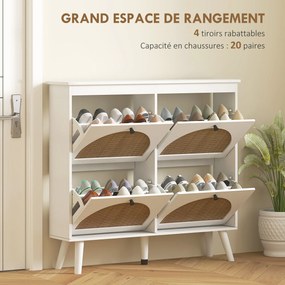 Sapateira com 4 portas, capacidade para 20 pares, prateleiras ajustáveis, estilo boémio, pés em madeira maciça, 105 x 24 x 97,5 cm, branco