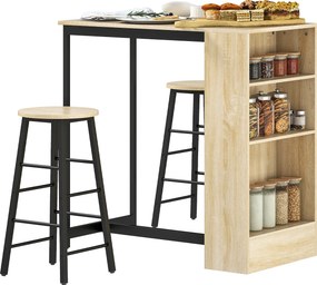 Conjunto de mesa de bar com bancos, compartimentos abertos, prateleira ajustável e apoio para os pés, em carvalho e preto