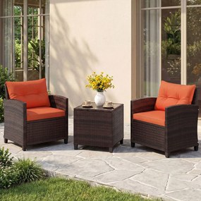 Conjunto jardim de 3 peças: cadeiras de rattan e mesa com tampo de vidro temperado. Mobiliário de exterior em vime para pátio, Castanho com almofadas