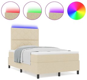 Cama com Caixa de Molas e Colchão &amp; LED Creme 120x200 cm Tecido