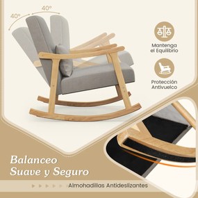 Cadeira de baloiço com braços de madeira com borracha Encosto largo e assento almofadado 90 x 66 x 83 cm Cinzento