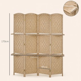 Biombo de 4 Painéis 160x170 cm Separador de Ambientes Dobrável com 2 Prateleiras de Exibição para Escritório Quarto Natural