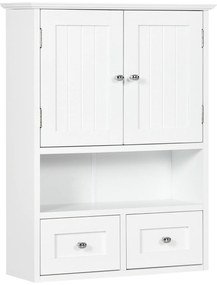 kleankin Armário de Parede para Casa de Banho com 2 Portas Prateleira Aberta e 2 Gavetas Estilo Moderno 50,8x17,8x66 cm Branco