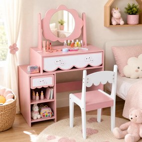 Conjunto de Toucador Infantil e Cadeira, 80 x 40 x 112 cm, Amplo Espaço de Arrumação, Cor-de-rosa