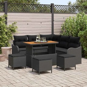 Conjunto de Sofá de Jardim vidaXL de 9 Peças com Almofadas Preto Polirattan Acácia