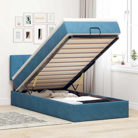 Estrutura cama otomana com colchão azul escuro 90x190cm veludo
