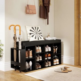 Banco sapateira 30 x 110 x 52,5 cm com suporte para guarda-chuvas, 10 compartimentos, assento acolchoado e prateleiras ajustáveis, preto