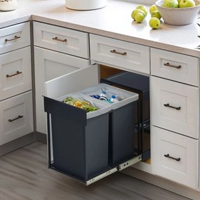 Caixote do lixo encastrar 48,6 x 32,4 x 44 cm com dois compartimentos e sistema de separação de resíduos extraível cinzento