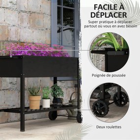 Floreira com pés para horta, 109 x 39 x 80 cm, prateleira, 2 rodas + sistema de rega em metal preto