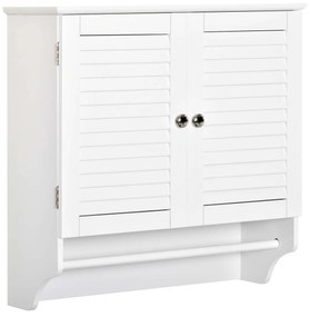 Kleankin Armário Parede Casa Banho 2 Portas Persiana Prateleira Barra Toalhas 60x23x60cm Design Moderno Funcional Branco