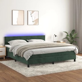 Cama box spring c/ colchão/LED 180x200 cm veludo verde-escuro