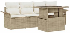 Conjunto de Sofá para Jardim com 5 Peças e Almofadas Bege de Rattan Po
