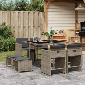 vidaXL 9 pcs conjunto de jantar p/ jardim c/ almofadões vime PE cinza