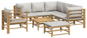 8 pcs conj. lounge de jardim bambu c/ almofadões cinzento-claro
