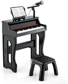 Piano para crianças de 3 anos eletrónico com 37 teclas, microfone ajustável e suporte de música amovível Preto