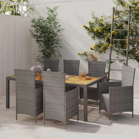 vidaXL 7 pcs conjunto jantar exterior com almofadões vime PE cinzento
