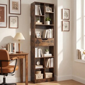 Estante de 50 x 24 x 180 cm com gaveta, 10 cubos, 2 protetores anti-tombamento e almofadas antiderrapantes para sala, escritório ou estúdio, em castan