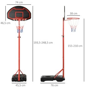 Cesto de Basquetebol com Altura Ajustável 193,5-248,5 cm Rodas e Base Recarregável para Adolescentes e Adultos Vermelho e Preto