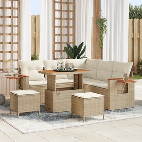 Conjunto de Sofá de Jardim 8 Peças com Almofadas Bege Rattan PE Acácia
