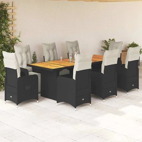 9 pcs conjunto de bistrô p/ jardim c/ almofadões vime PE preto