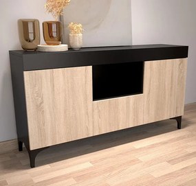 Aparador Koi – 130x32,5x58 cm – Preto e Sonoma Mate – 3 Portas + Nicho