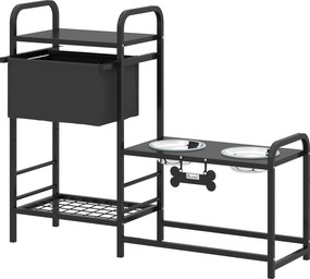 PawHut Comedouro Elevado para Cães com Gaveta em Tecido 2 Taças de Aço Inoxidável 2x800 ml Altura Ajustável 2 Prateleiras 89,5x27x74 cm Preto | Aosom Portugal