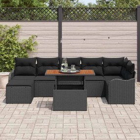 Conjunto de Sofá para Jardim com 8 Peças e Almofadas Pretas de Rattan