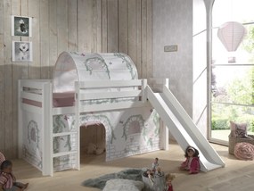 Conjunto Cama alta de Criança PINO 90 x 200 cm + estrado + escada + escorrega + cortina + túnel Pássaros branca