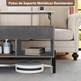 Mesa de centro 100 x 50 x 45 cm elevável com tampo ajustável, amplo compartimento oculto e 3 espaços abertos, com pés em metal cinzenta