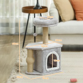 Arranhador para gatos com torre de brinquedos 42 x 30 x 66 cm, com postes para arranhar, cama e casinha para gatos, cinzento claro