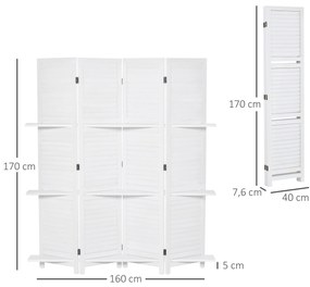 Biombo de 4 Painéis de Madeira Separador de Ambiente Dobrável com 3 Prateleiras Removíveis Desenho Persiana para Dormitório Escritório 160x170cm Branc