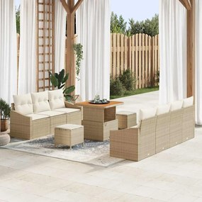 Conjunto de Sofá de Jardim de 10 Peças com Almofadas Bege Rattan Poliéster Acácia