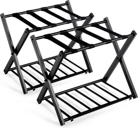 2 x Suporte de bagagem dobrável Suporte de bagagem de metal até 60 kg com 4 correias estáveis e design de 2 andares para casa e hotel Preto