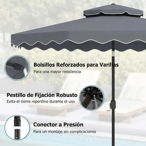 Guarda-sol de 300 cm com inclinação bidirecional de 30° (BASE NÃO INCLUIDA), teto ventilado, 2 camadas, 8 varas metálicas e folhos, para pátio e pisci