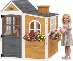 Casa de brincar infantil de madeira para exterior 125,5 x 119 x 126 cm, casinha infantil para exterior/interior com porta, janelas, 3 floreiras, amare
