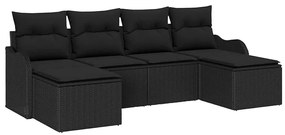 Conjunto de Sofá de Jardim de 6 peças com Almofadas Preto de Rattan Po
