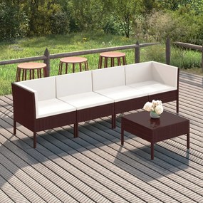 vidaXL 5 pcs conjunto lounge jardim c/ almofadões vime PE castanho